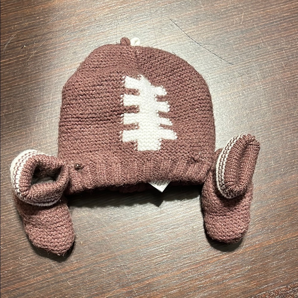 Brown and White Knit Hat with Sports Design